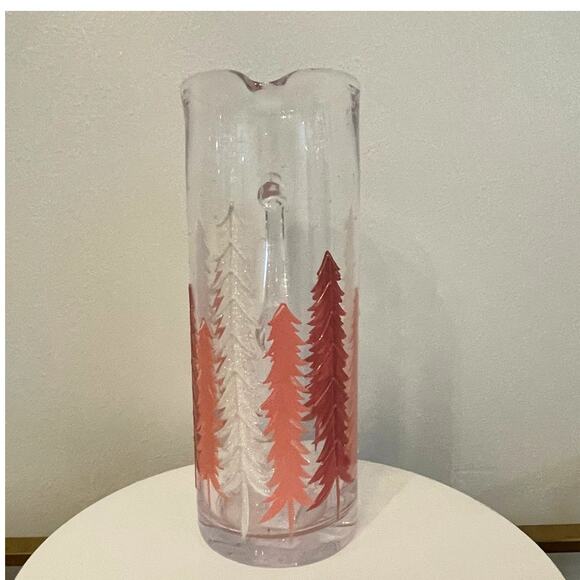 Hand-Painted Glass Pitcher Pink and White Christmas Pine Tree Forest New RARE - Picture 4 of 16